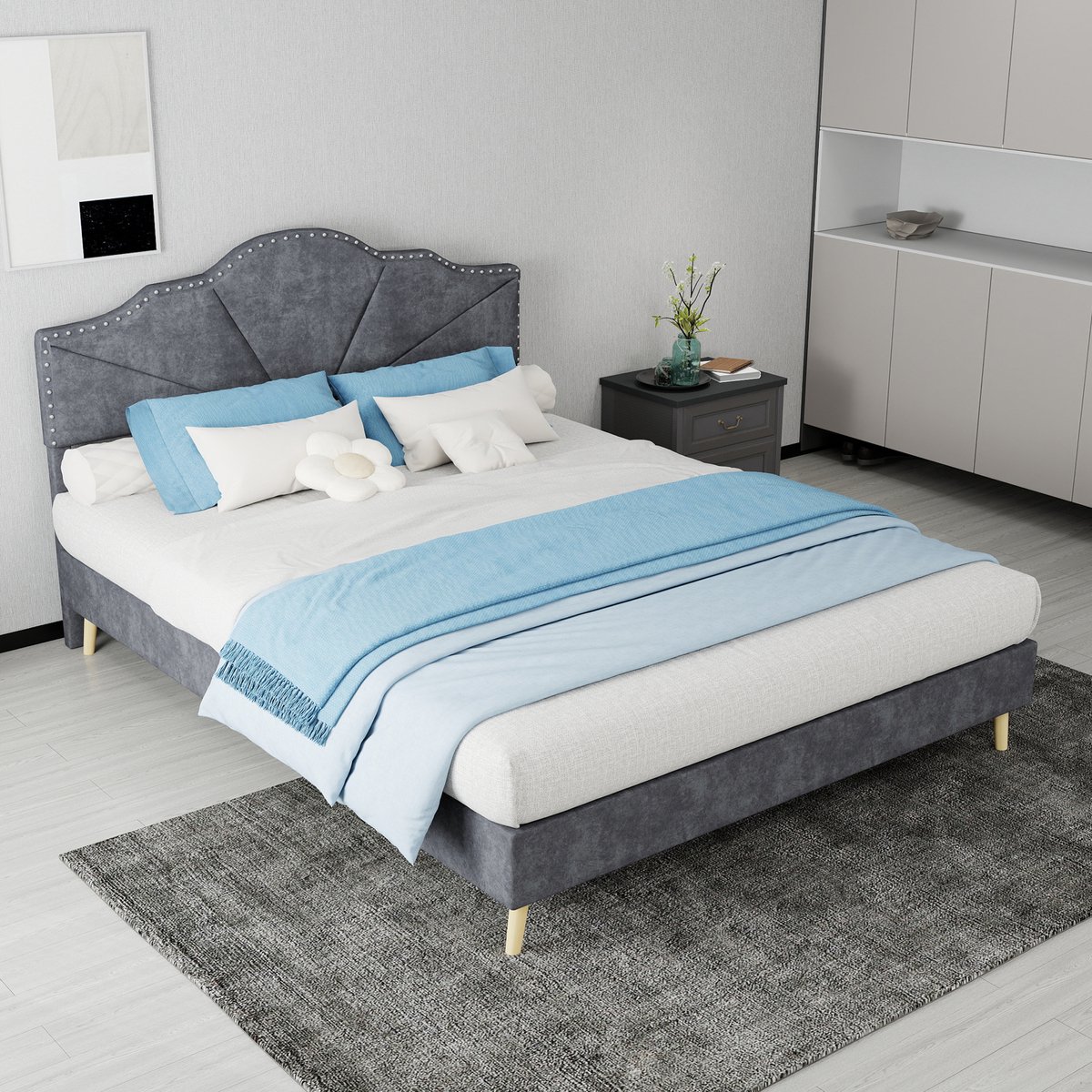 AURA LUMEN-Gestoffeerd bed Twijfelaarbed 140 x 200 cm met hoofdbord grijs