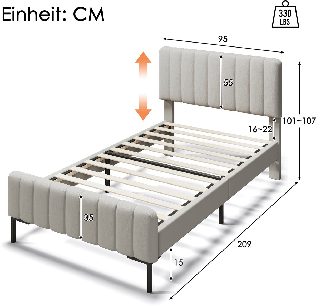 AURA LUMEN Gestoffeerd bed-Eenpersoonsbed-90 x 200 cm-Verstelbaar hoofdbord-Bed met opbergruimte-Grijs-beige