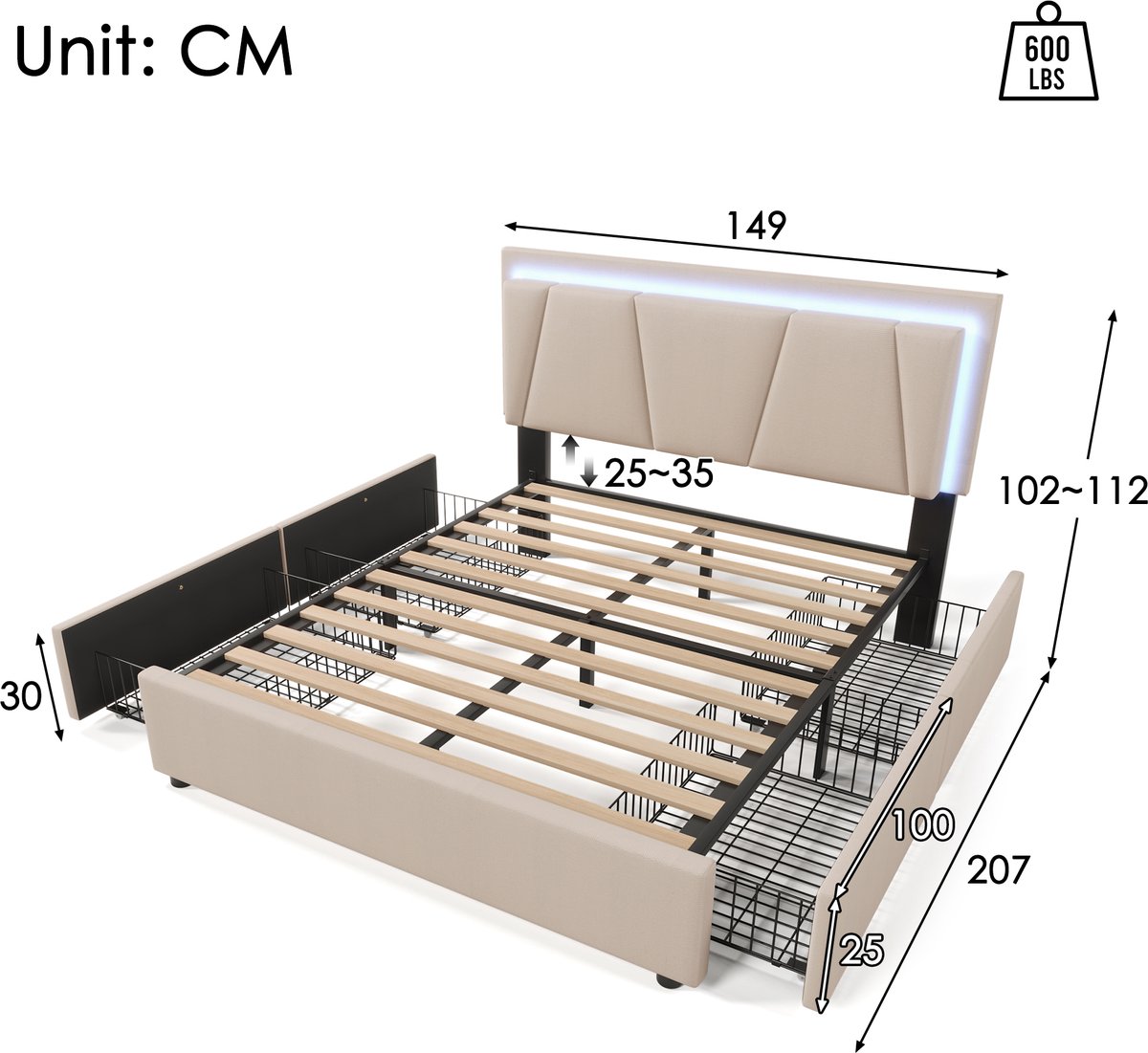 AURA LUMEN Gestoffeerd bed-Twijnfelaarbed-140x200 cm-Hydraulisch bed met opbergruimte-Bed met LED en USB-Beige
