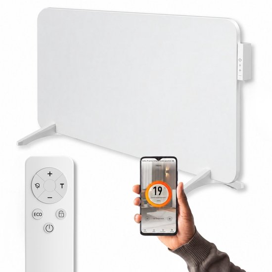 Witte infrarood verwarmingspaneel met poten, afstandsbediening en smartphone met app.