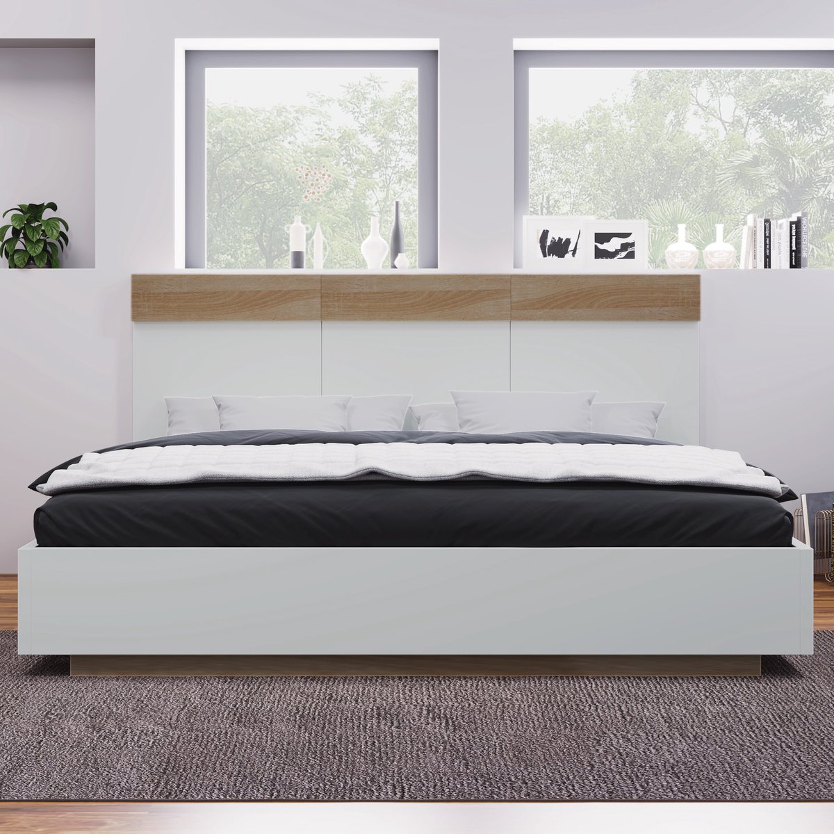 WUVRIE Tweepersoonsbed 140x200 cm met hoofdbord en lattenbodem, zwevend bedframe wit/sonoma-eiken