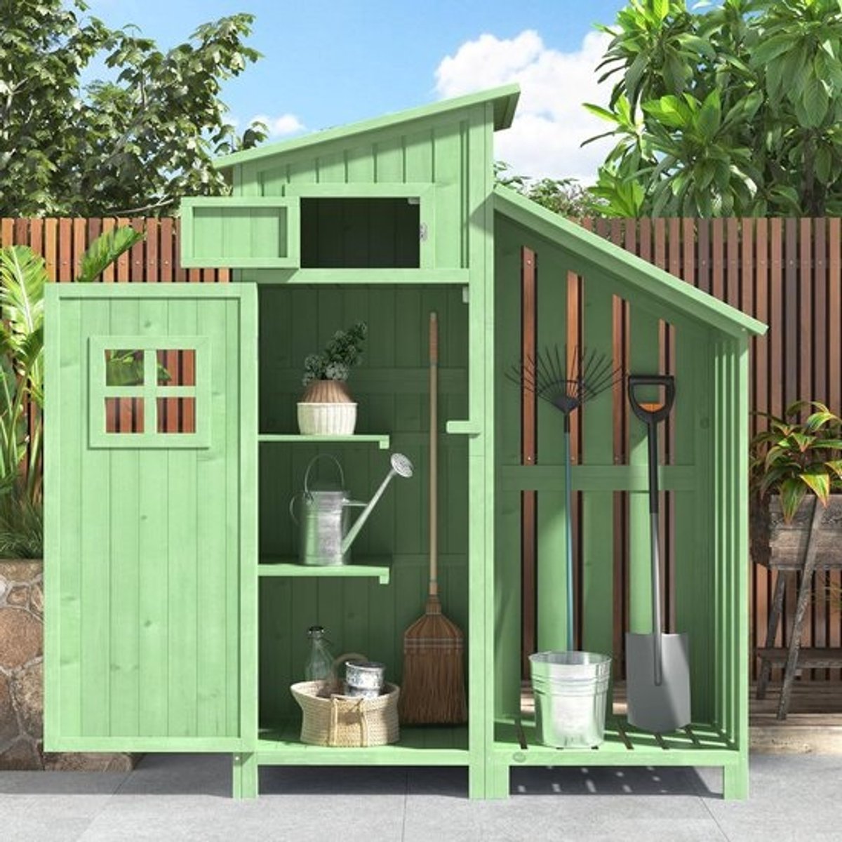 Apparaatschuur en tuinkast - Gereedschapsschuur en hut - Tuinopslag voor tuinieren - Waterdicht hout en pvc - 124x46x174 cm - Groen