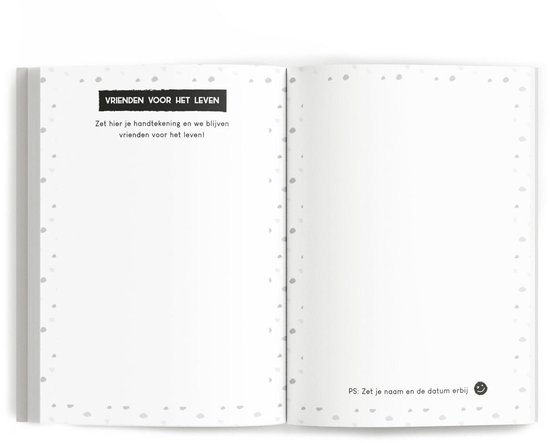 Vriendenboek met 'VRIENDEN VOOR HET LEVEN' tekst. Ruimte voor handtekening, naam en datum.