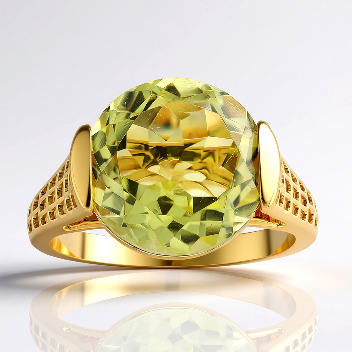 Cavill - Vergulde 925 Sterling Zilveren Ring - 5,97 Ct Ronde Limoen Citrien uit Brazilië - Opengewerkte Moderne Ring - Luxe Zilveren Sieraad Dames