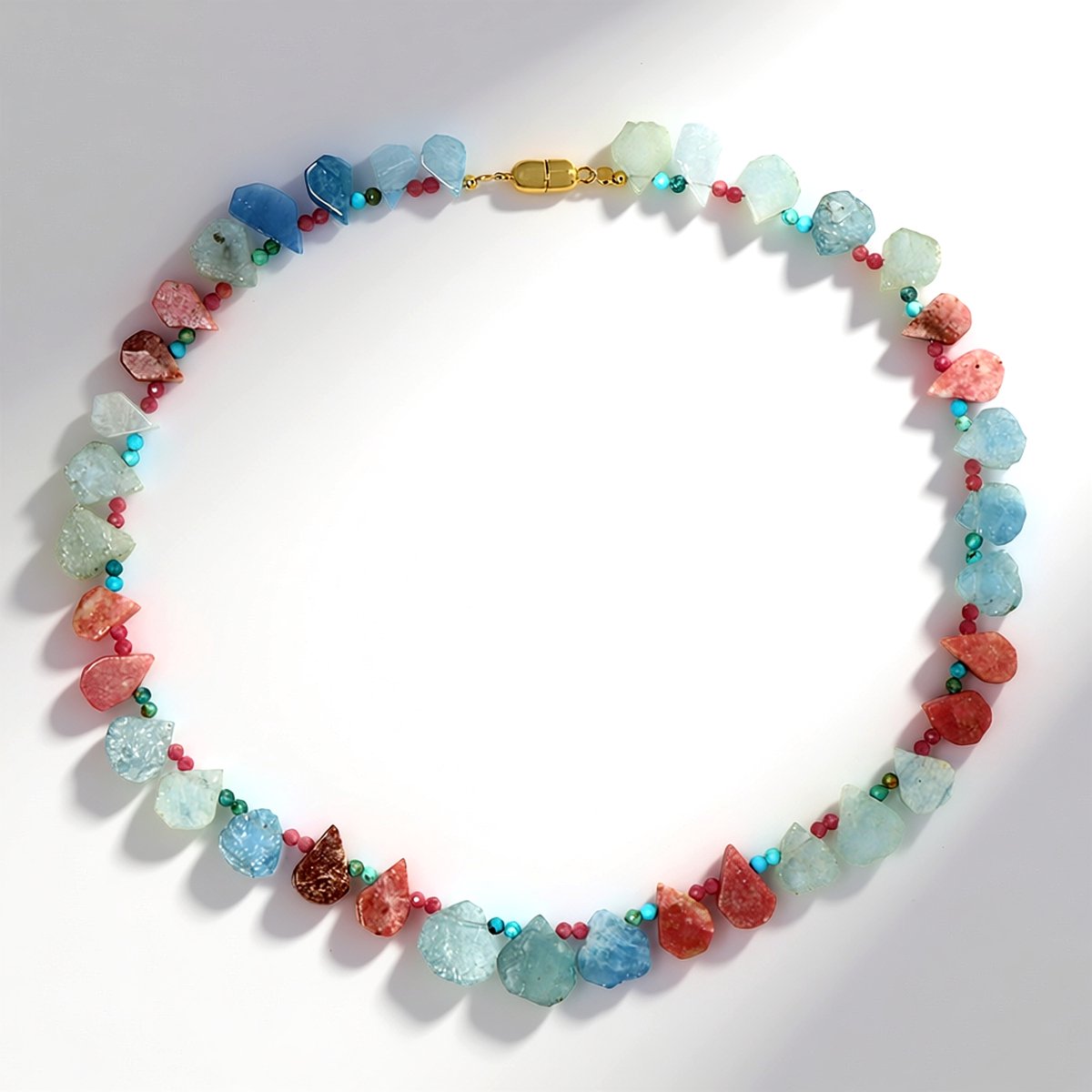 Cavill - Zilveren Halsketting met Braziliaanse Aquamarijn 99,8 ct - 925 Zilver Verguld - Rhodochrosiet & Turkoois - Elegante Verstelbare Ketting Dames