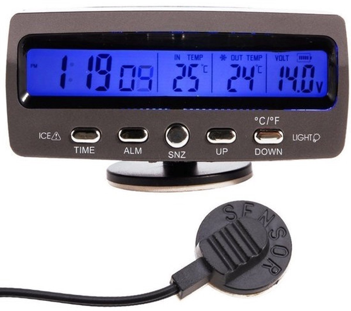 Digitale autothermometer, voltmeter en spanningsmeter met klok en datum