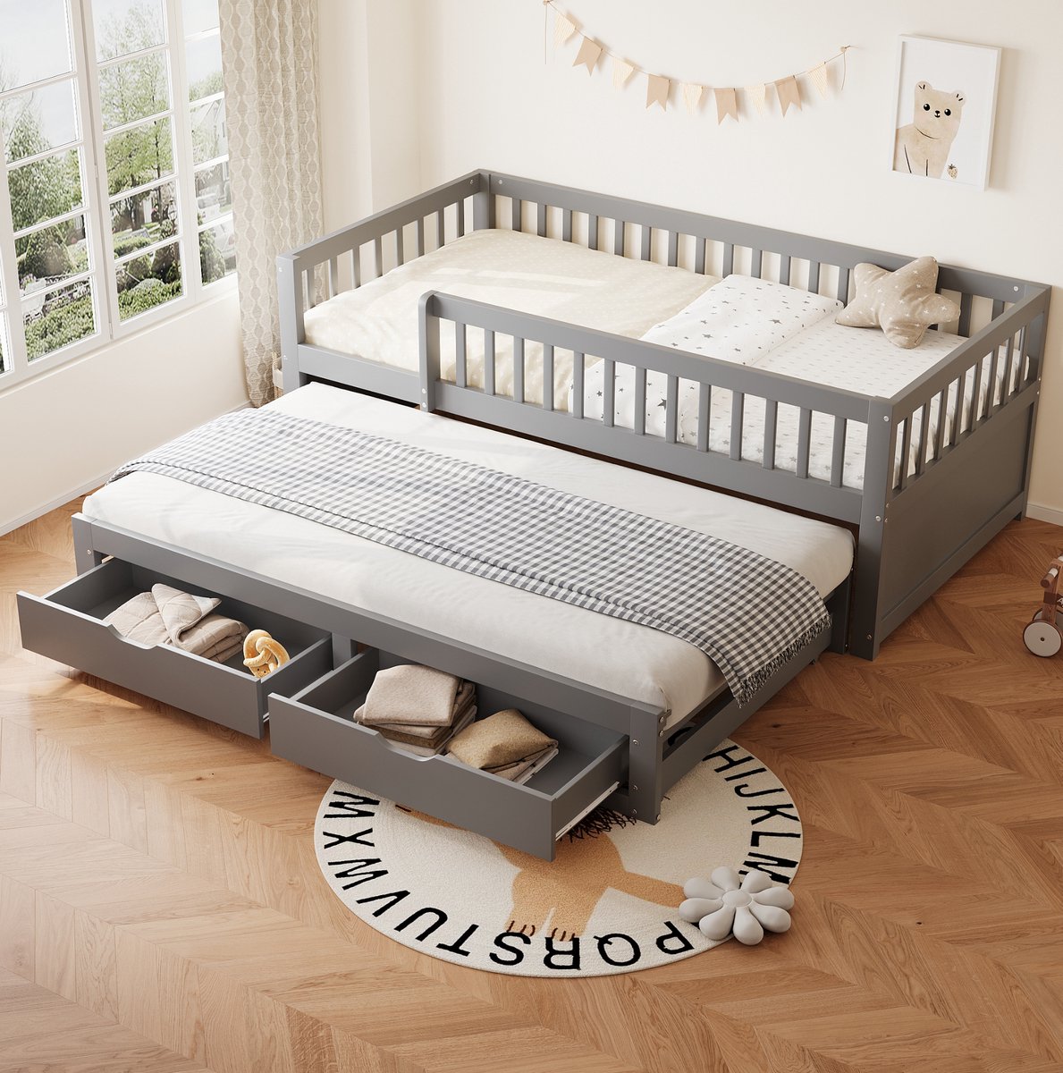 WUVRIE Slaapbank 90x200 cm met uitschuifbed, 2 lades, lattenbodems en veiligheidshek, grijs