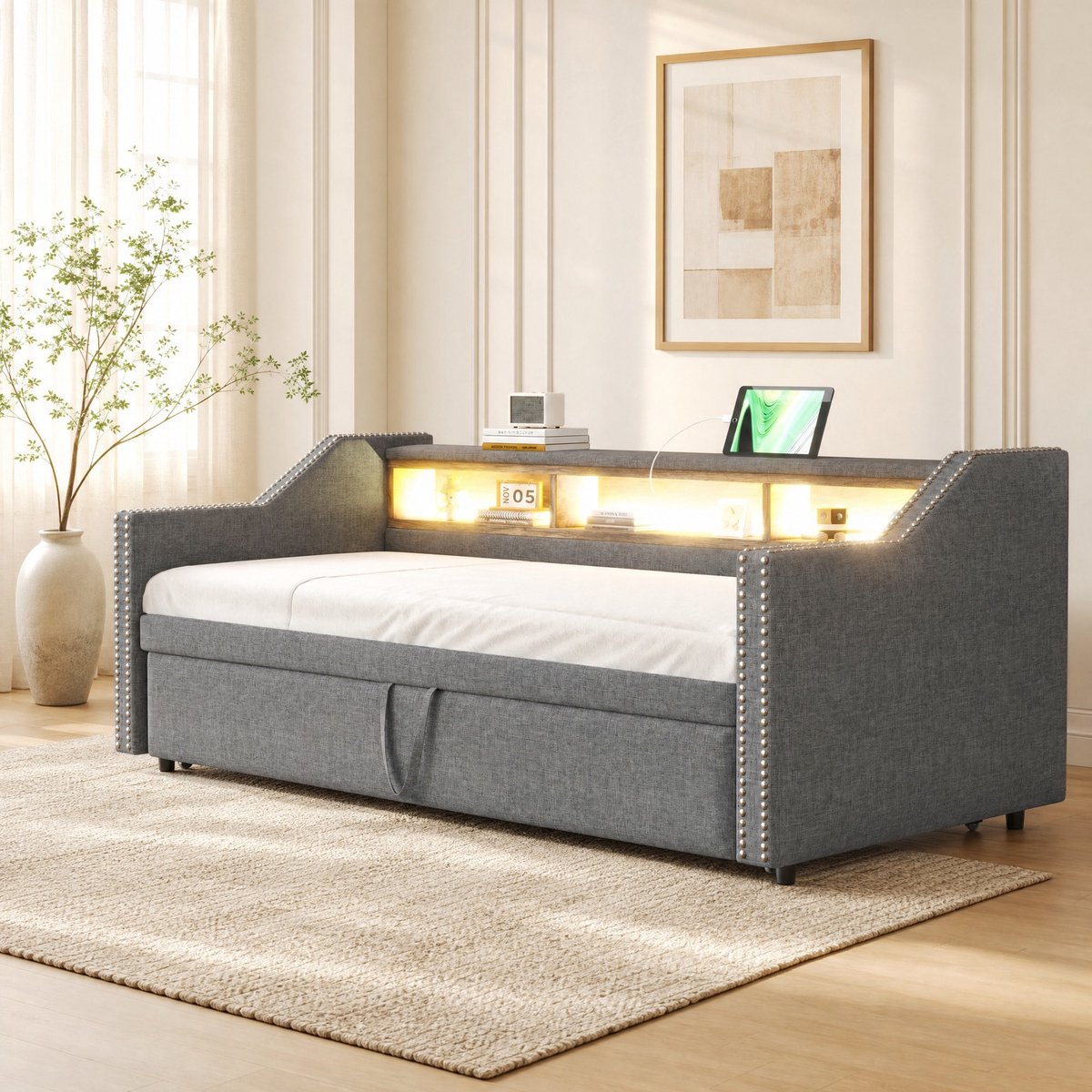 WUVRIE Uitziehbare slaapbank 90/180 x 190 cm met opbergvakken, LED, USB en lattenbodem, lichtgrijs