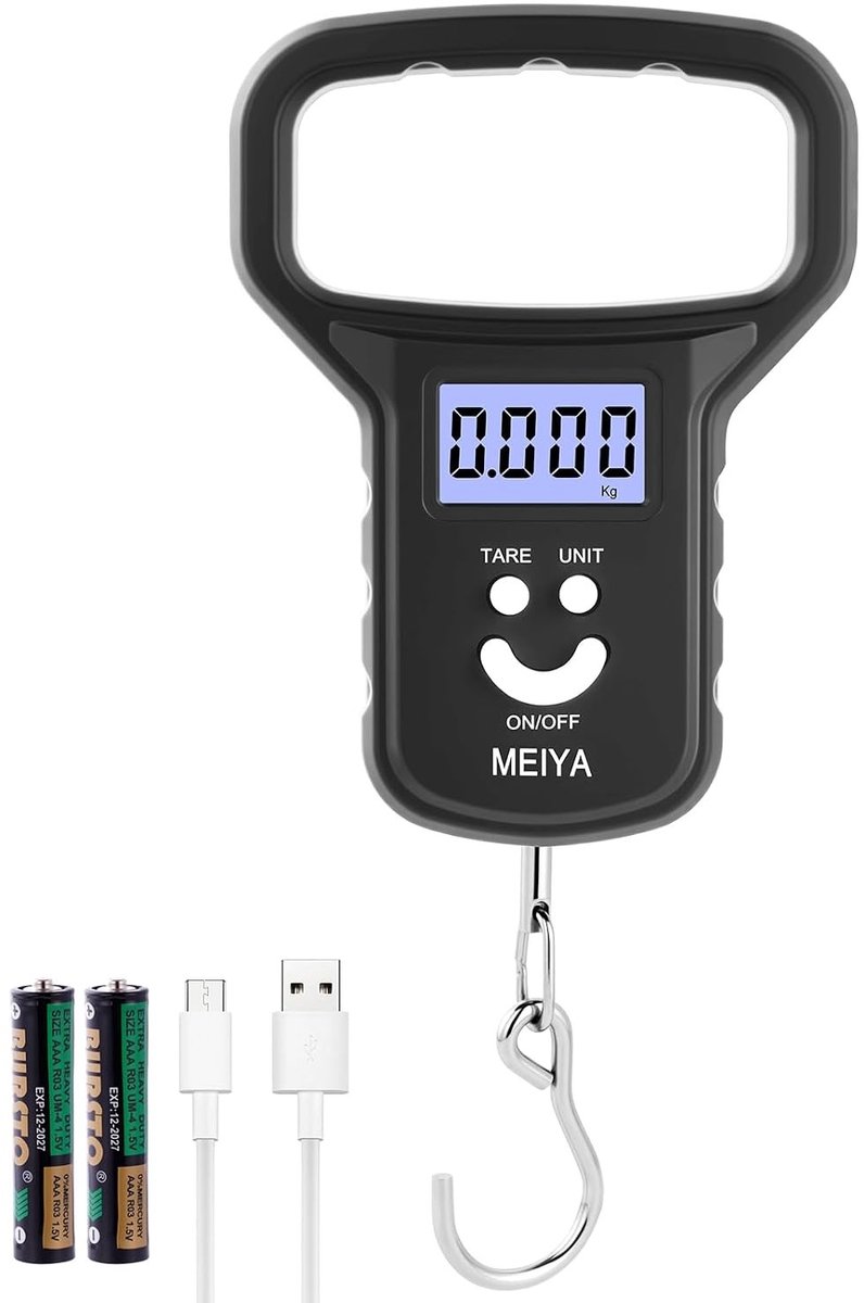 Digitale Bagageschaal met Haak tot 50kg, LCD Scherm, Oplaadbaar en Draagbaar voor Reizen en Vissen, Eenvoudig Gewicht Omrekenen naar Ounces, Kg en Pounds