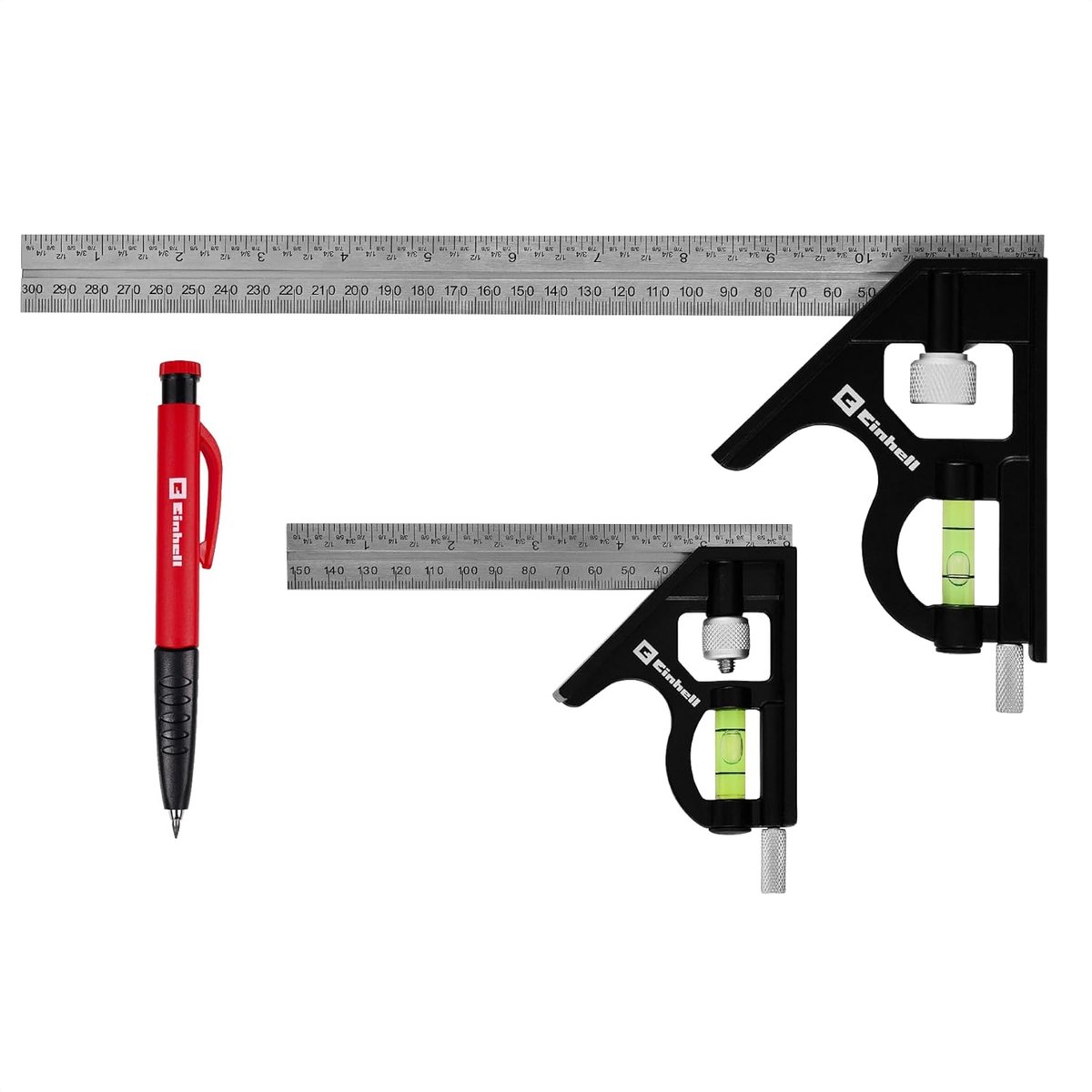 Einhell combinatiemeetlatset met markeerstift, 2-delig (150/300 mm, zink en roestvrij staal, mm/inch schaalverdeling, 45° hoek, waterpas, markeernaald, vulpotlood met puntenslijper)