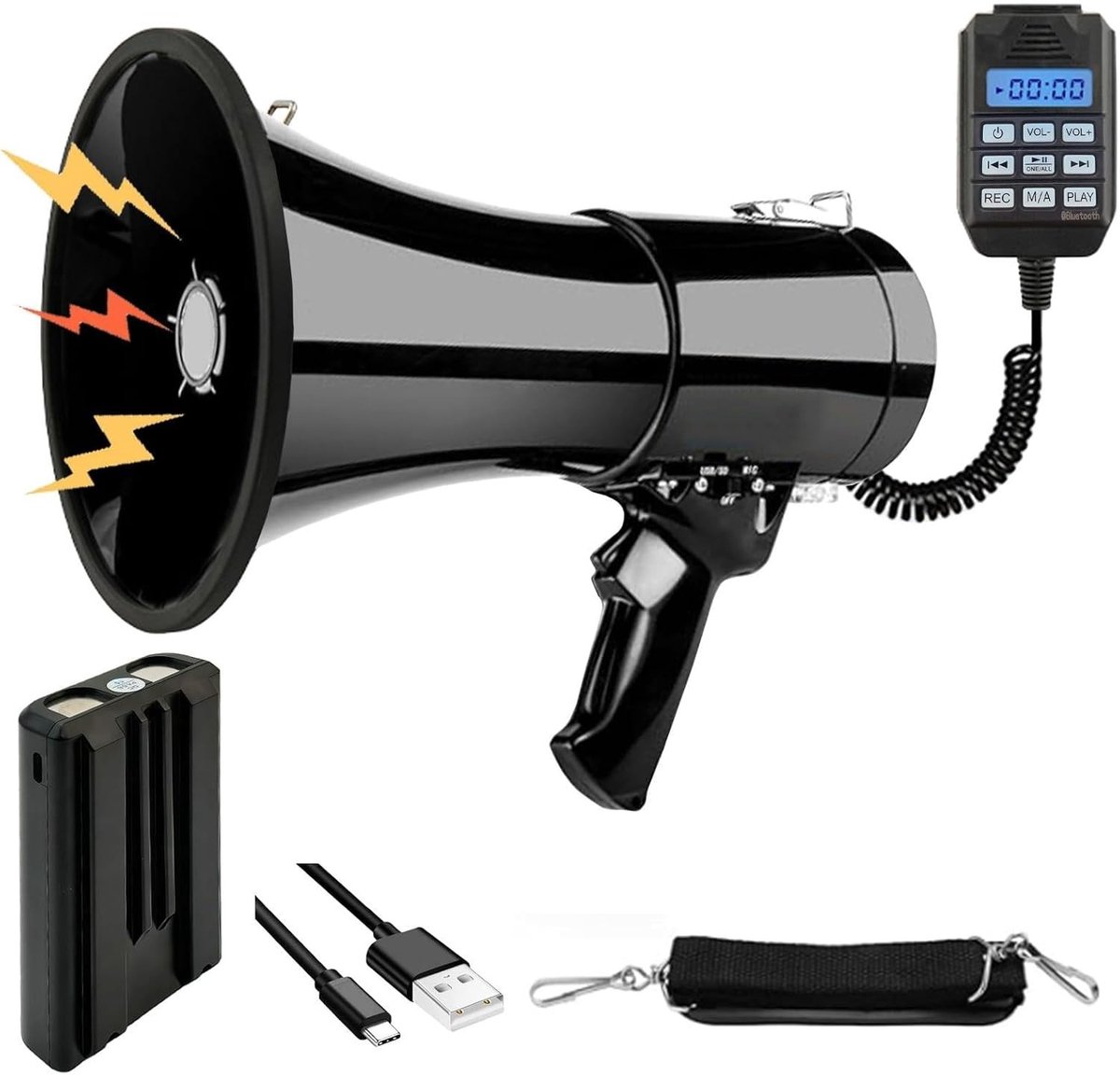 Draagbare megaphone met 100 W vermogen en een bereik tot 2000 meter voor evenementen en communicatie