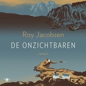 Boekomslag van 'De onzichtbaren' door Roy Jacobsen, met een illustratie van huizen aan een rotsachtige kust onder een berglandschap.