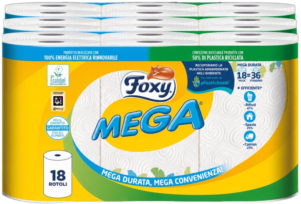 Foxy Mega Duurzame droger, 18 rollen, 95 scheuren per rol, gedecoreerd, PEFC-gecertificeerd, recyclebare verpakking - ShopVlot