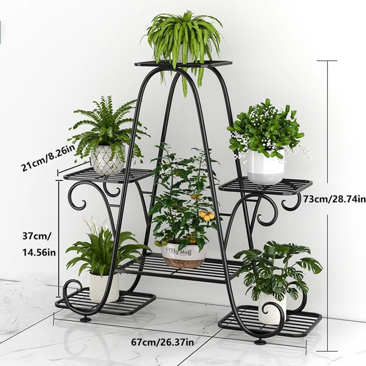 MT Shining 6-laags plantenstandaard - Metalen Meerlaagse Bloemenplank - Displayrek voor plantenpotten - 67x73x21 - Zwart