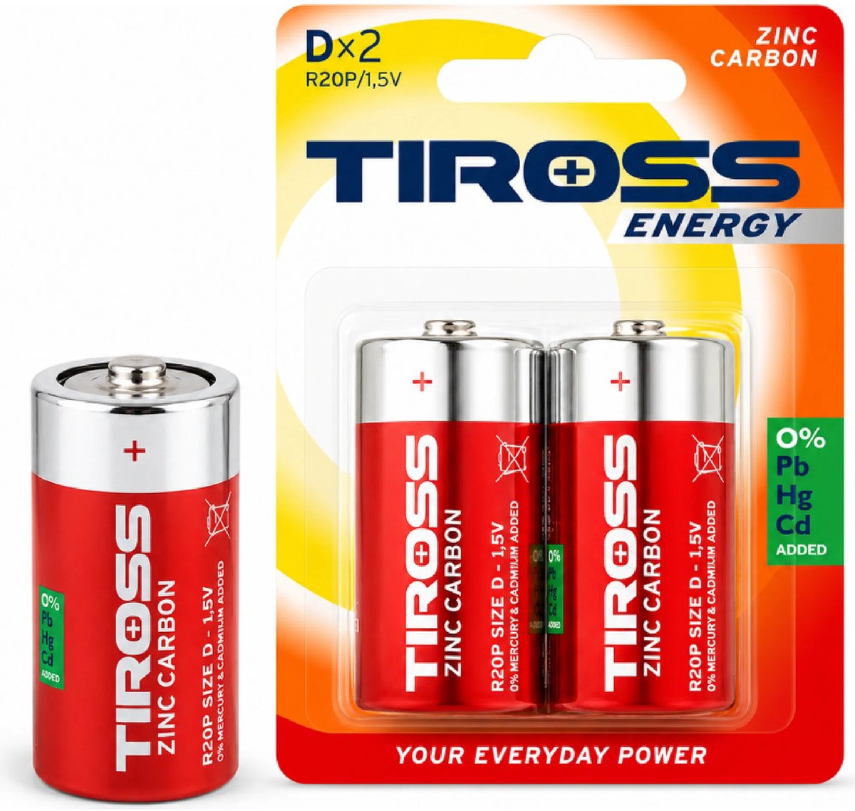 TIROSS D R20P zink-koolstof batterijen 1,5 V - verpakking met 2 stuks