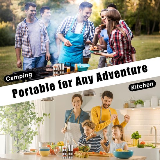 5-in-1 RVS Specerijenmolen met 5 Compartimenten, Keramische Molen, Verstelbare Maalniveaus, Draagbaar met 2-in-1 Meetlepel en Borstel voor Koken, Kamperen en Buitenactiviteiten — afbeelding 4