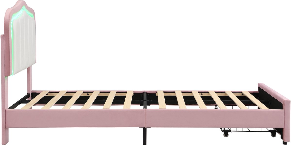 DESMIU Kinderbed 90 x 200 cm – Fluwelen Eenpersoonsbed met Appgestuurde Ledverlichting – Voetendlade – Zonder Matras – Roze