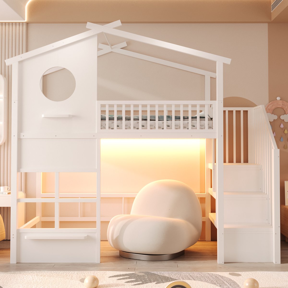 DESMIU Hoogslaper 90x200 cm – Huisvorm Met Ledverlichting – Opbergladder met Opbergruimte – Voor Kinderkamer – Metaal – Wit – Zonder Matras