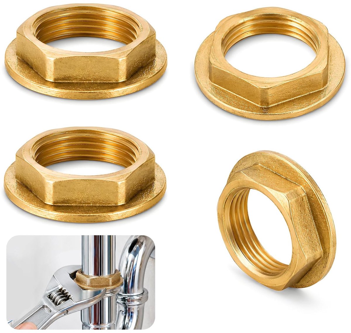 4 stuks G1/2 flens, zeskantborgmoeren van massief messing - Messing flensmoer met 1/2 inch binnendraad voor kraan - ShopVlot