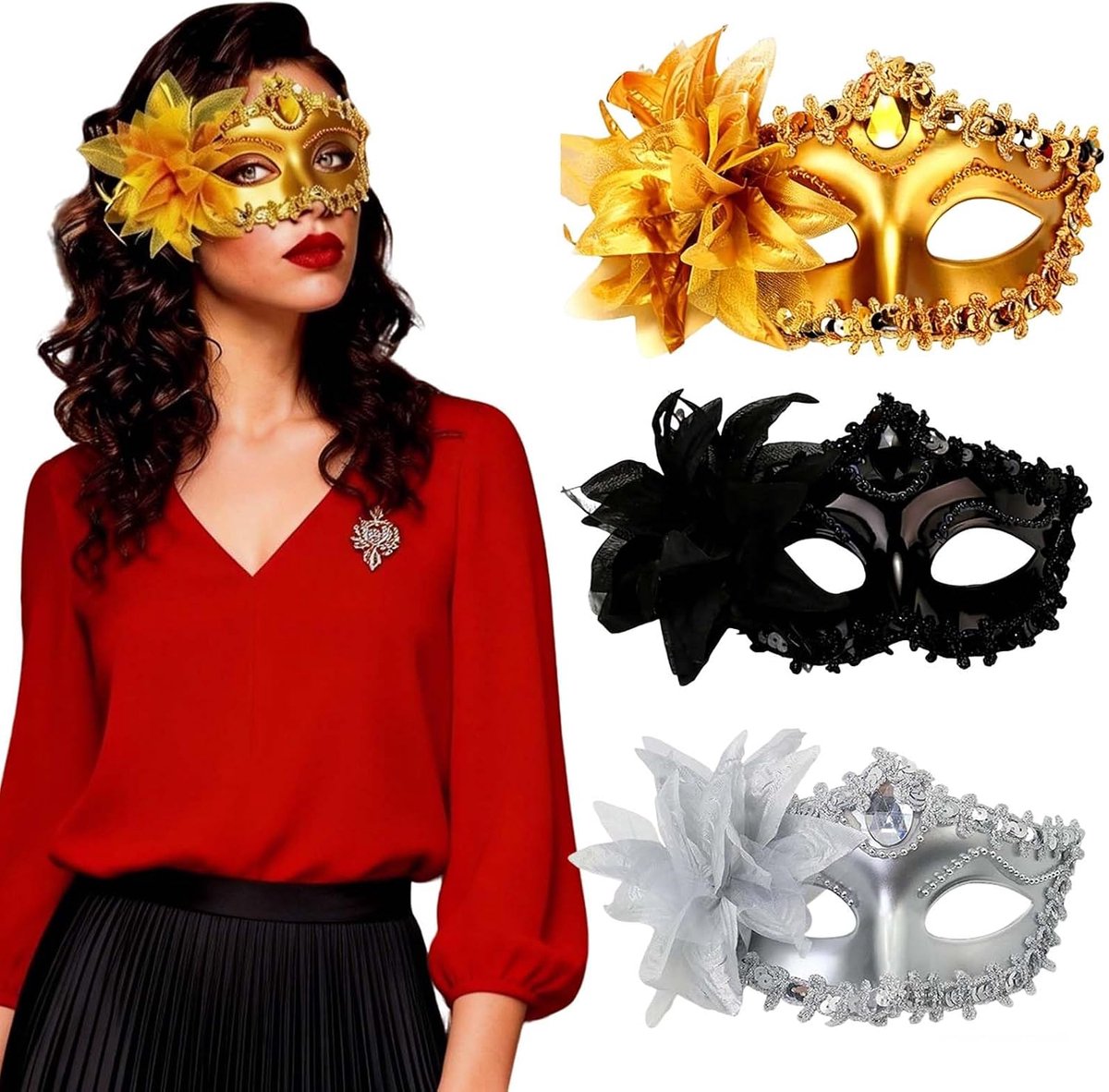 Venetiaans masker set van 3 - damesmasker zwart goud zilver - kantmasker voor bal, festival, carnaval - ShopVlot