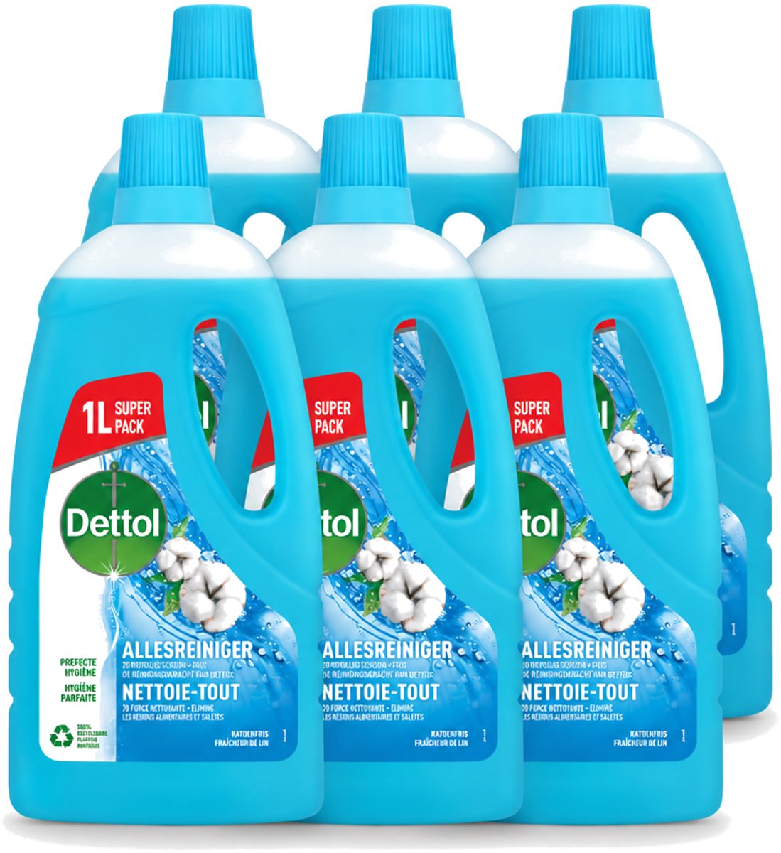 6 x Dettol - Allesreiniger - Power & Fresh - Katoenfris - 1 liter - Voordeelverpakking - 6 stuks