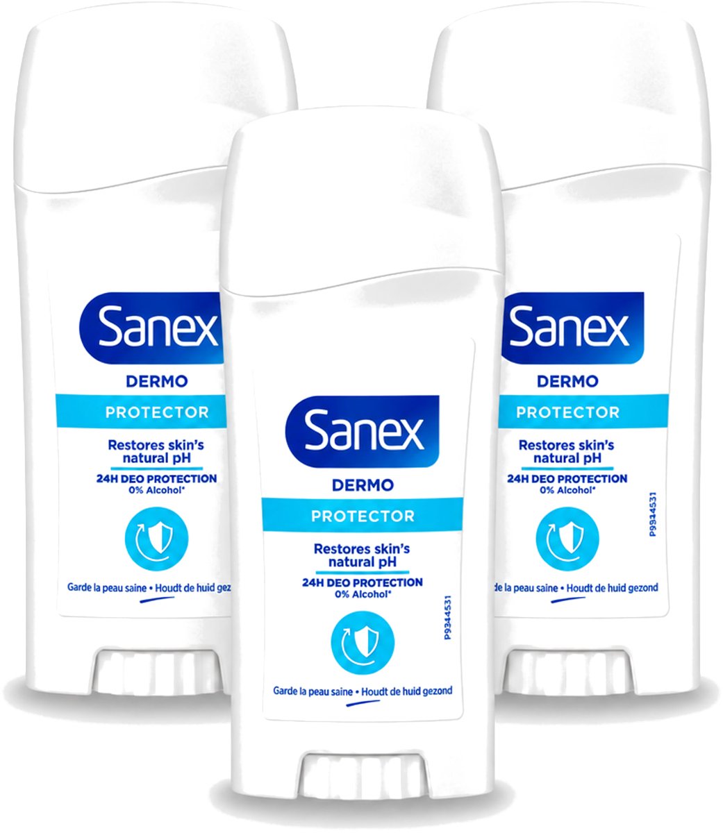 3 x Sanex - Deodorant Stick - Dermo Protector - Huidvriendelijke Formule - 65 ml - Voordeelverpakking - 3 stuks