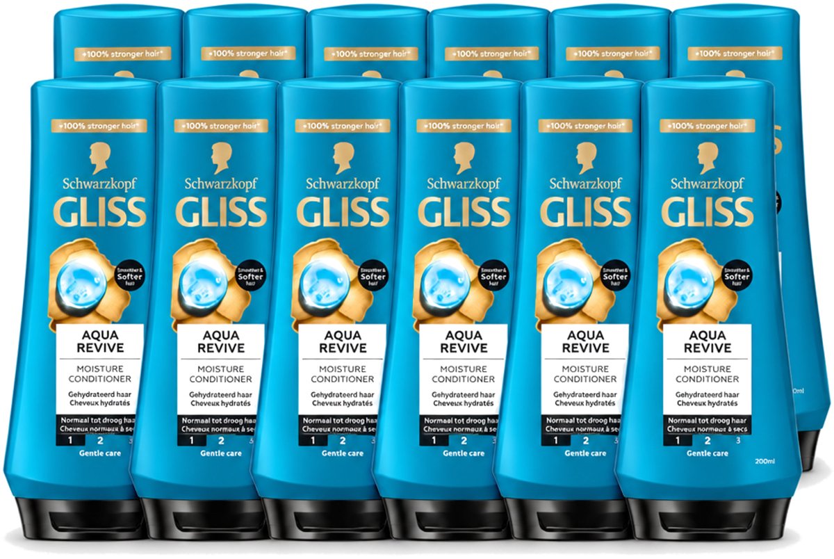 12 x Gliss - Hair Repair - Conditioner Aqua Revive voor Hydraterend en Fris Haar - 200 ml - Voordeelverpakking - 12 stuks