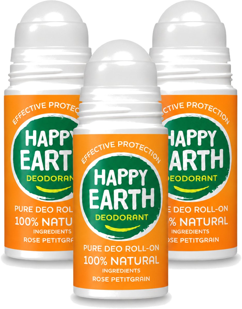 3 x Happy Earth – Deodorant Roll-On – 100% Natuurlijk Rose Petitgrain – 75 ml - Voordeelverpakking - 3 stuks