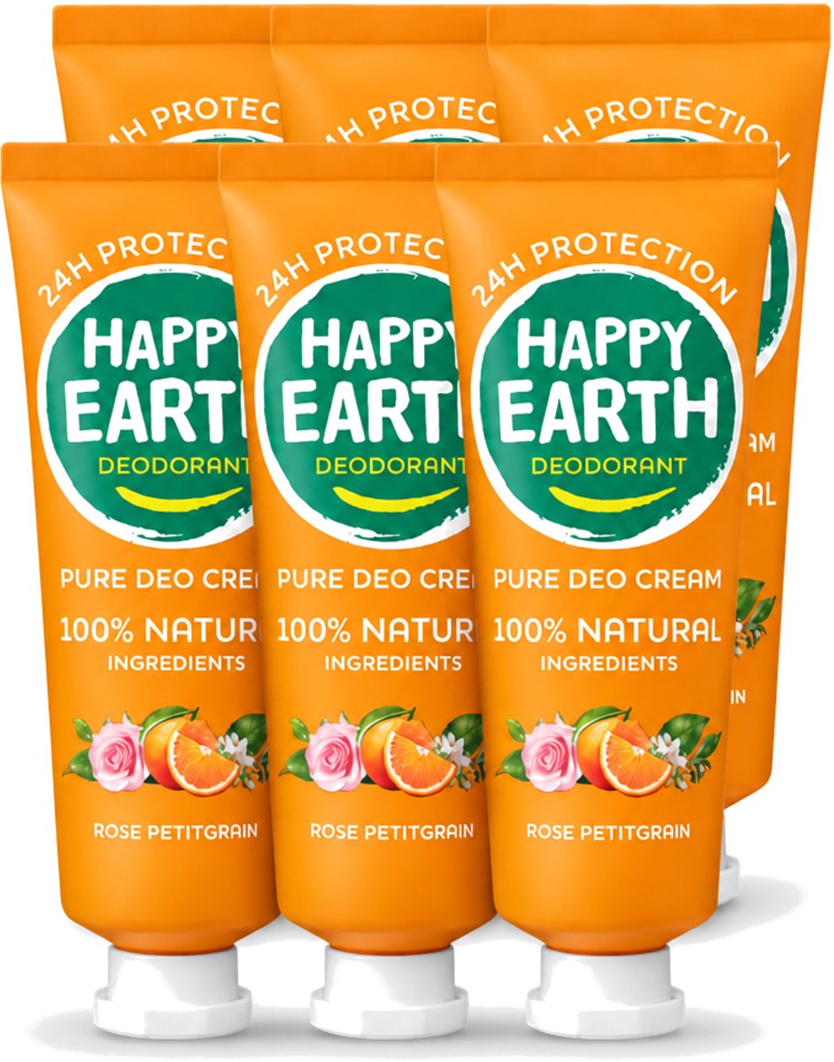 6 x Happy Earth – Deodorant Cream – 100% Natuurlijk Rose Petitgrain – 40 ml - Voordeelverpakking - 6 stuks