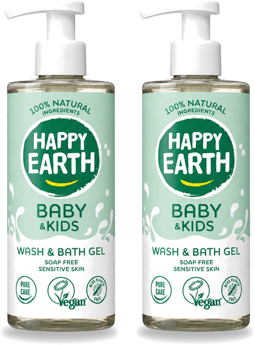 2 x Happy Earth – Was & Badgel – Zeepvrij Baby & Kids – 300 ml - Voordeelverpakking - 2 stuks