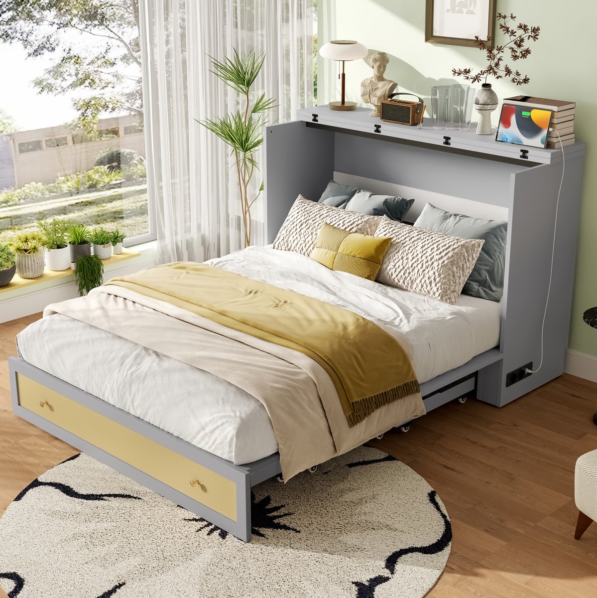 WUVRIE Opklapbed 140x200 cm met bedlade, hoofdrek, USB en stopcontact, grijs