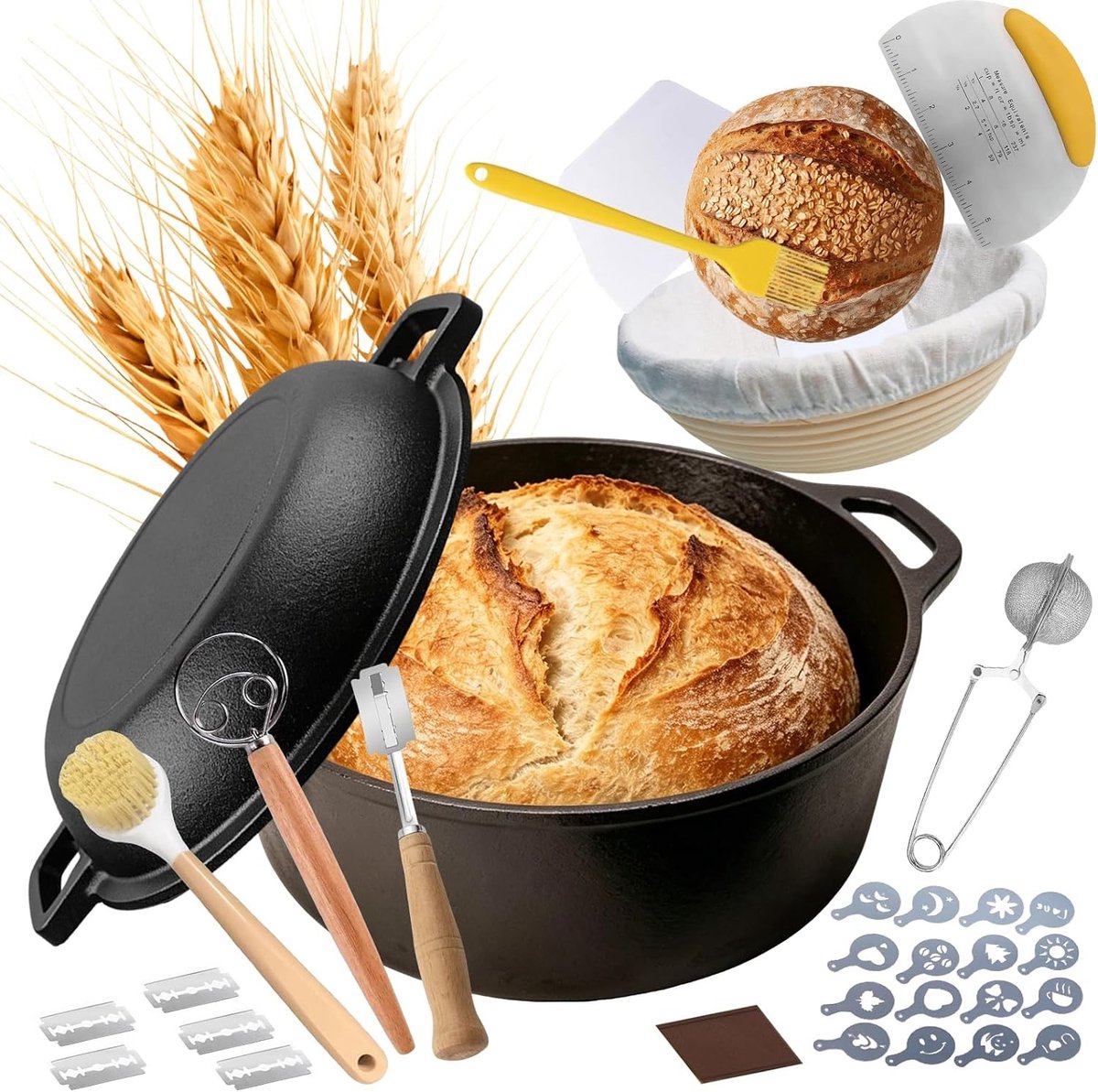 Gietijzeren Broodbakpan Set - Zwart - 26 cm - Inclusief Rijsmand en Bakaccessoires - Voor Broodliefhebbers