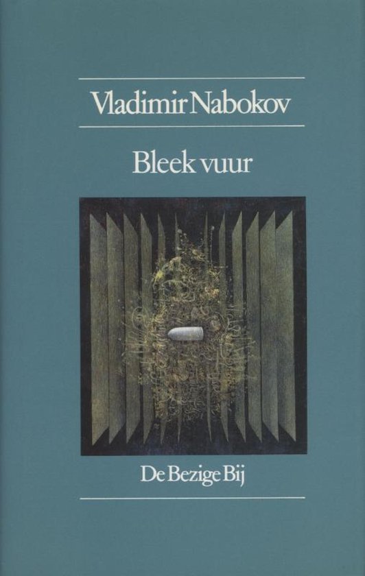 Boekomslag van Vladimir Nabokovs 'Bleek vuur', met een abstracte afbeelding van verdorde planten en een kogel.