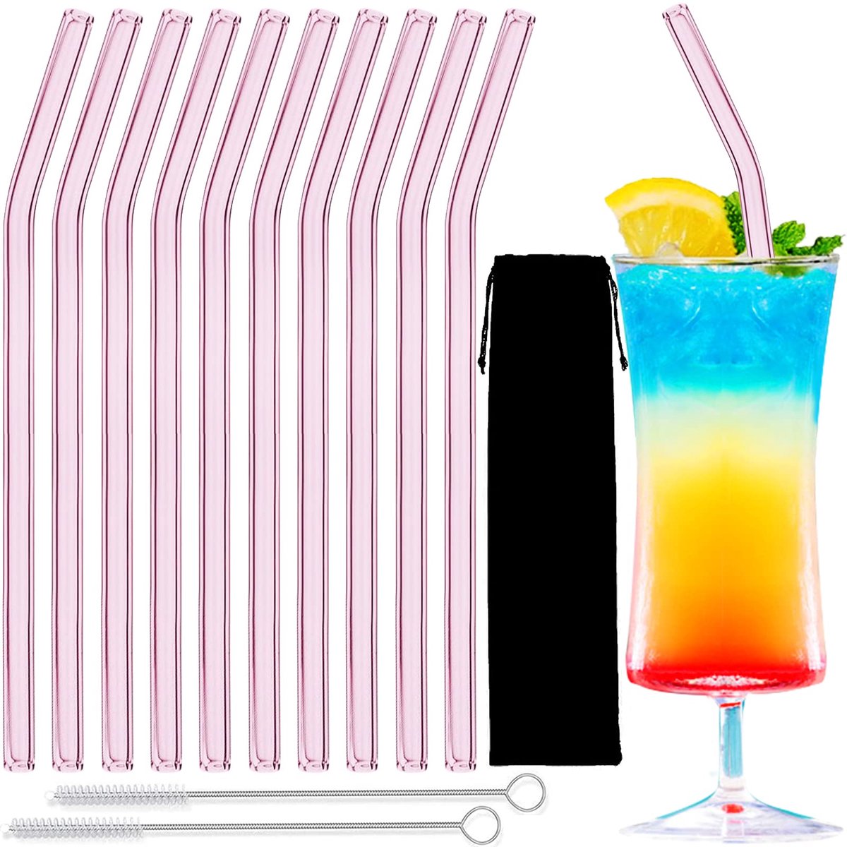 Glazen rietjes gebogen 20,3 cm - herbruikbaar - inclusief reinigingsborstel - perfect voor drankjes - ShopVlot