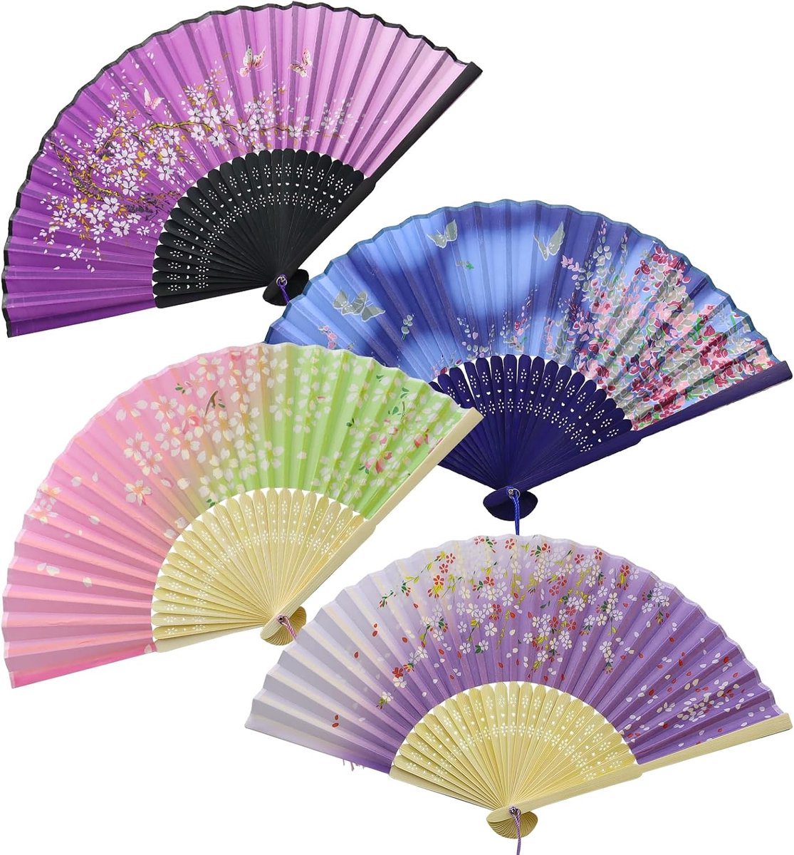 JIAC Pack of 4 Bamboo and Silk Fabric Tassel Flower Flower Portable Fan for Wedding Wall Decoration Dance Cosplay - ShopVlot