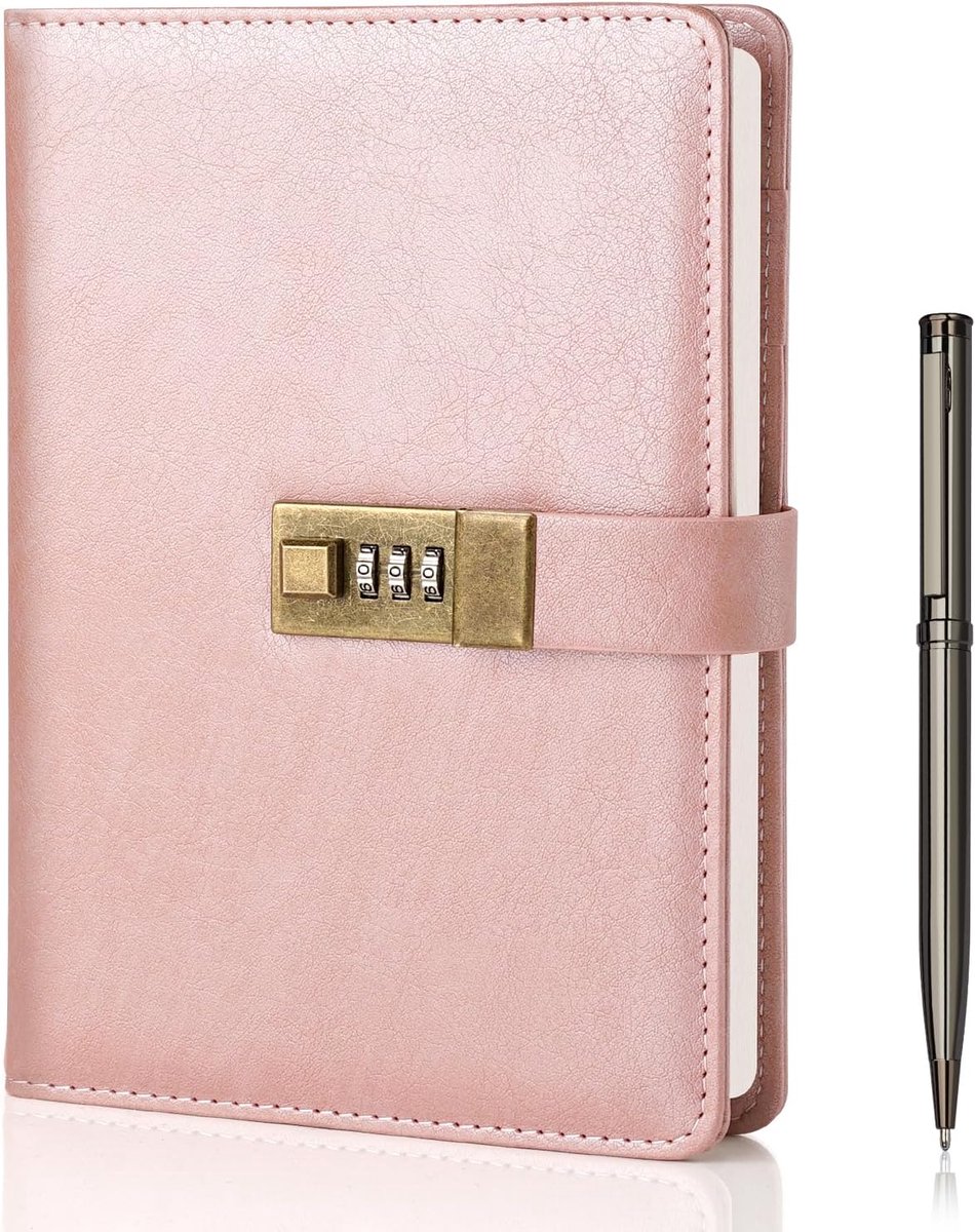 SnelShoppen - A5 Dagboek met Slot, Vintage PU Leren Notitieboek, 240 Pagina's, Antiek Metalen Wachtwoordslot, Inclusief Pen en Cadeauverpakking, Roze