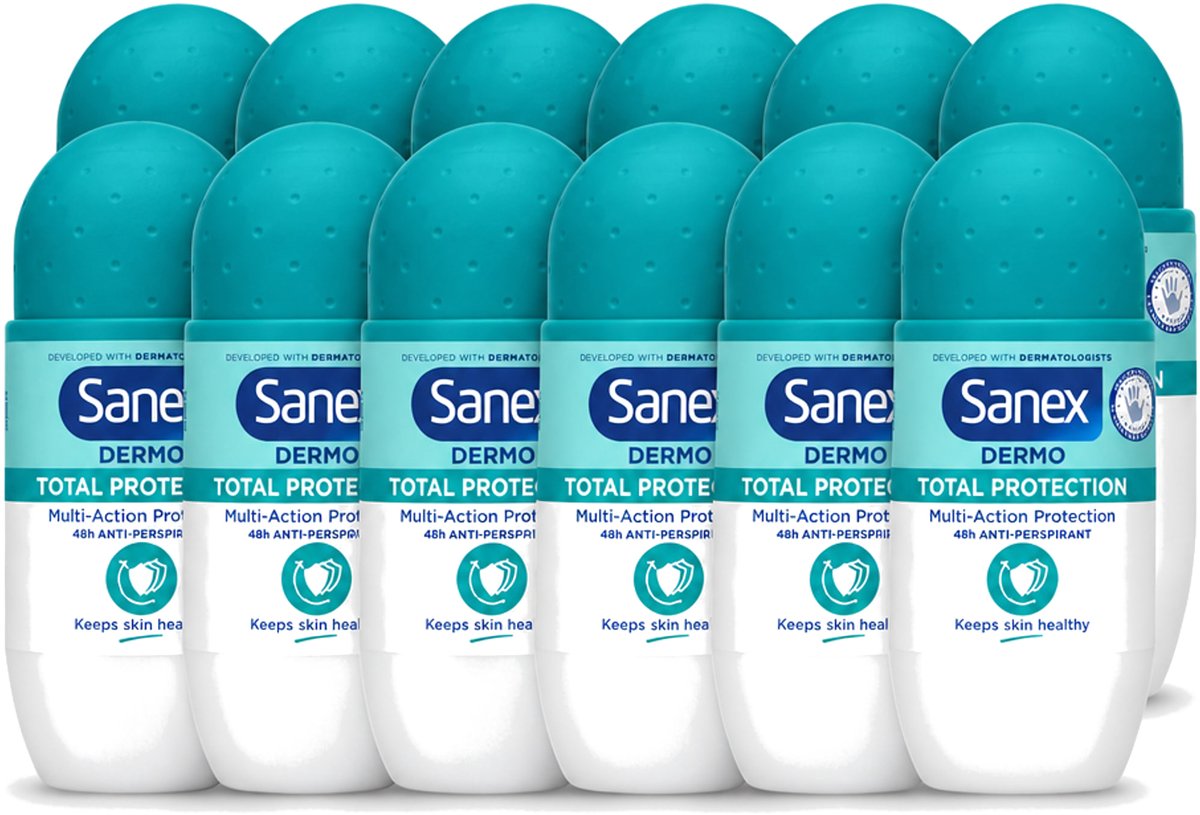 12 x Sanex – Deodorant Roll-On – Dermo Total Protection – 50 ml - Voordeelverpakking - 12 stuks