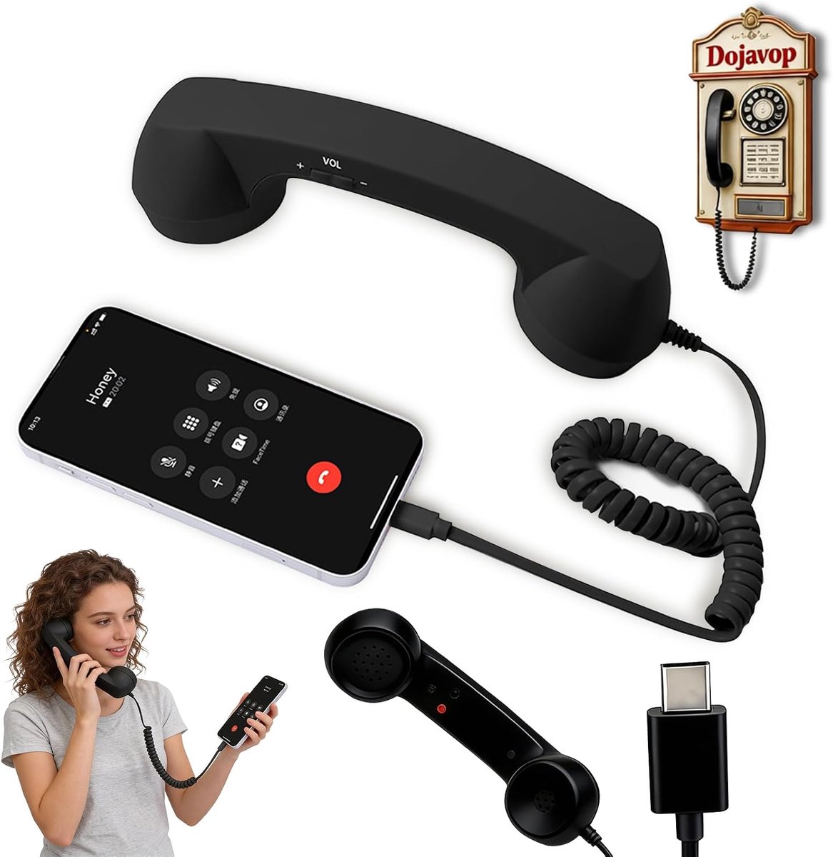 Retro Telefoon - Type-C - Retro telefoonhoorn - Telefoonhoorn met vaste aansluiting - Aansluitend op Mobiel - Koptelefoon - Headset - Woondecoratie - Ergonomisch - Retro telefoonhandset geschikt voor iPhone en Android - Zwart
