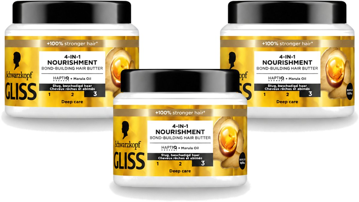 3 x Gliss - Haarmasker - 4in-1 Hair Butter - Voor Intensieve Herstelverzorging - 400 ml - Voordeelverpakking - 3 stuks