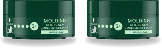 Twee donkergroene potten Taft Molding Styling Clay met houdkracht 5+ voor een nonchalante look.