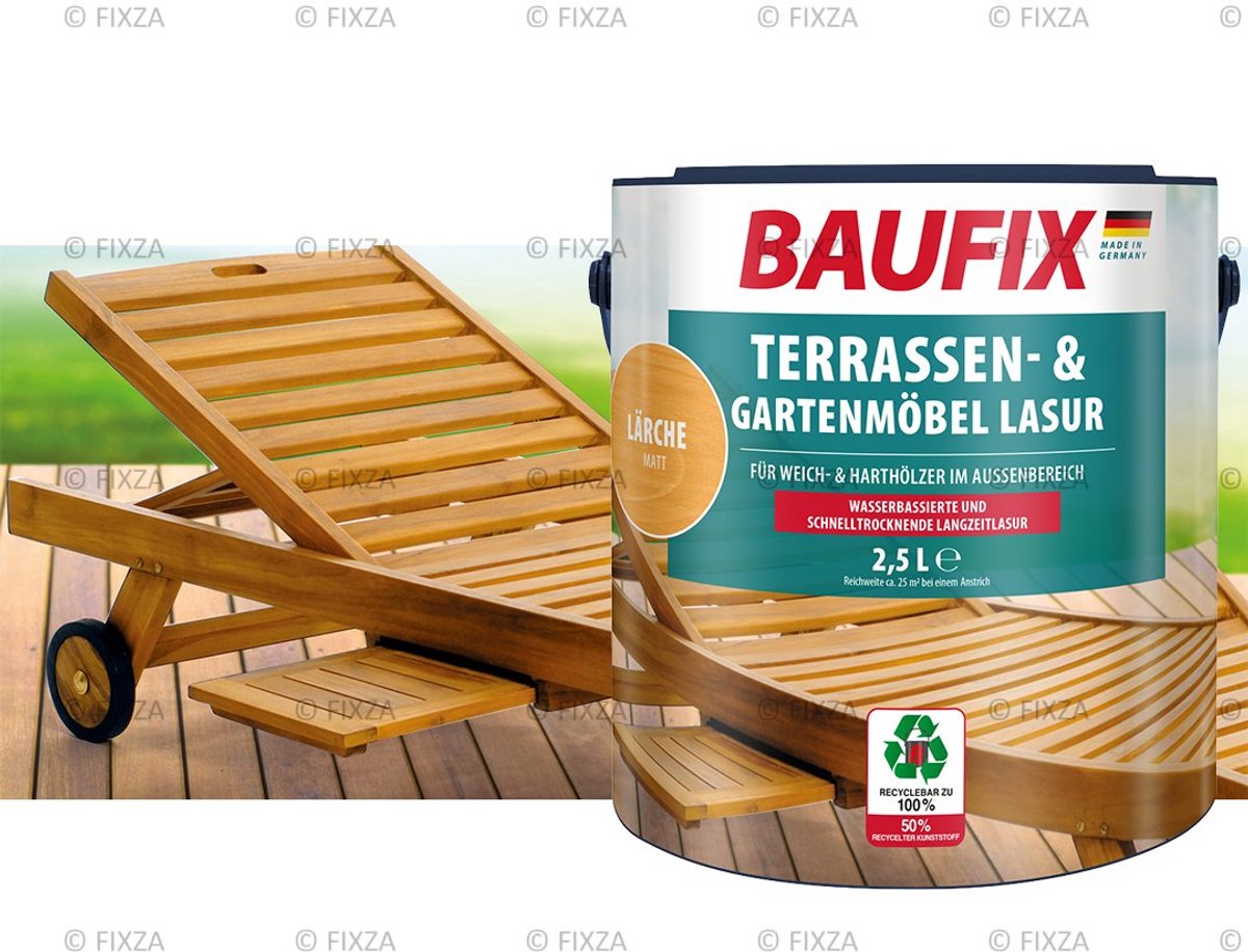 BAUFIX Terras & Tuinmeubel Houtbeits buiten – 2,5 liter – Lariks – Watergedragen – Sneldrogende Langdurige Bescherming – Voor Zacht- & Hardhout