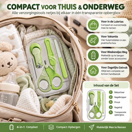 Baby Nagelverzorgingsset - 4-in-1 - Afgeronde Babyschaar - Nagelknipper, Pincet & Vijl - Opbergbox - Groen — afbeelding 2