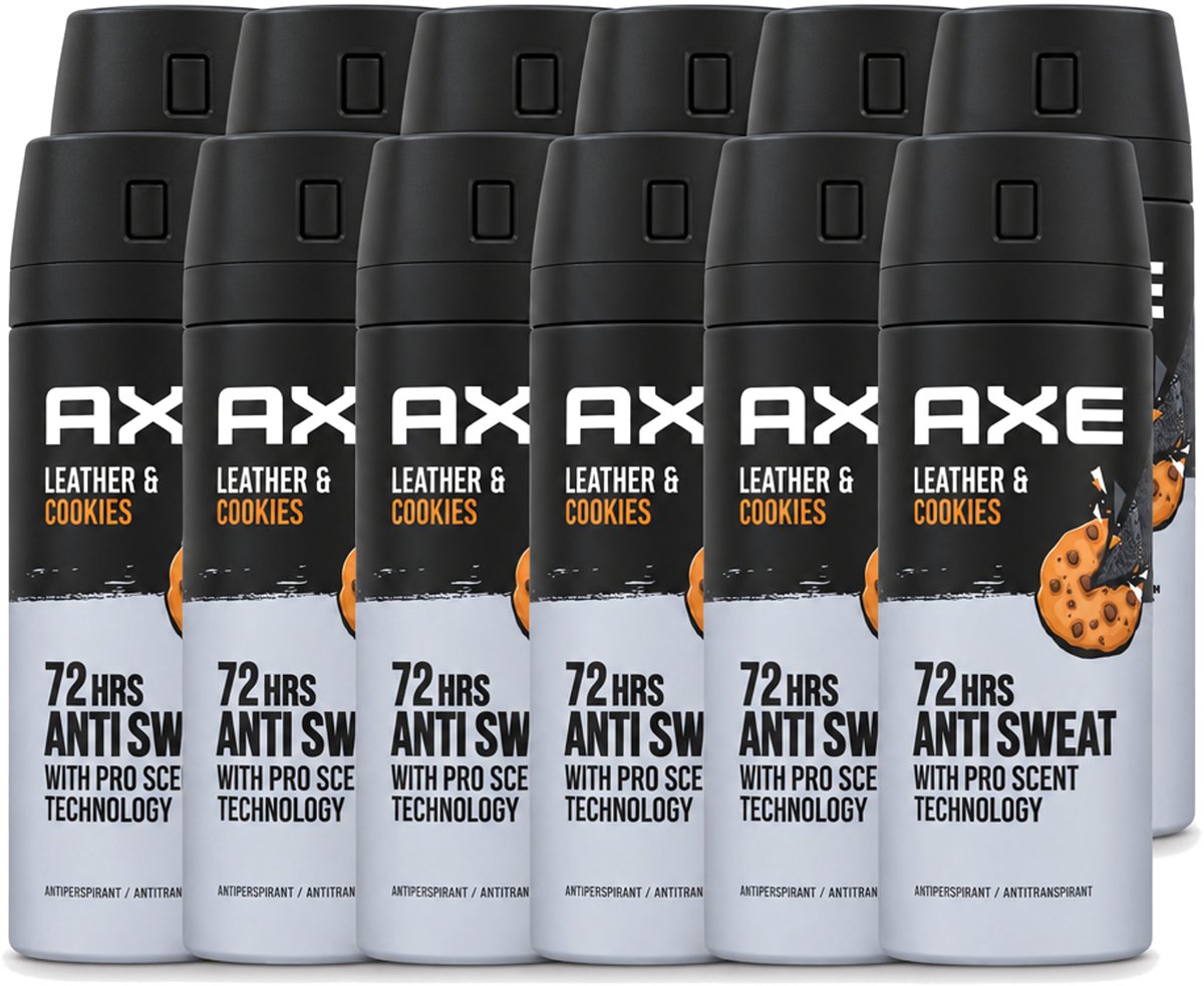 12 x Axe - Deodorant Spray - 72hrs Anti Sweat - Leather & Cookies - 150 ml - Voordeelverpakking - 12 stuks