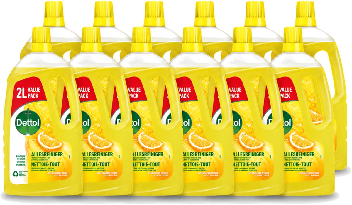 12 x Dettol - Allesreiniger - Sprankelende Citroen - Perfecte Hygiëne - 2L - Voordeelverpakking - 12 stuks