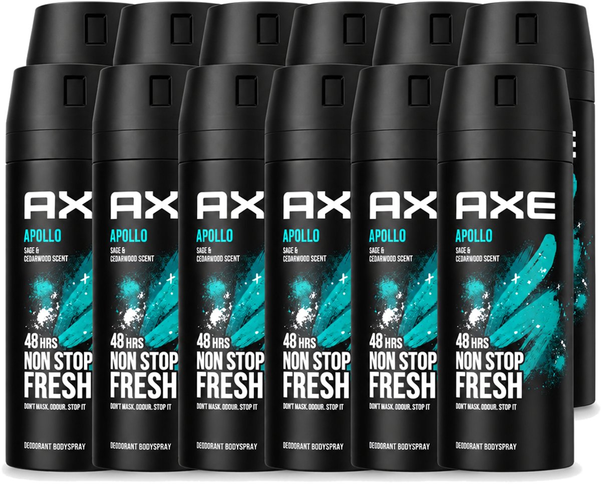 12 x Axe - Deodorant Bodyspray - 48hrs Fresh - Apollo - Sage & Cedarwoord - 150 ml - Voordeelverpakking - 12 stuks