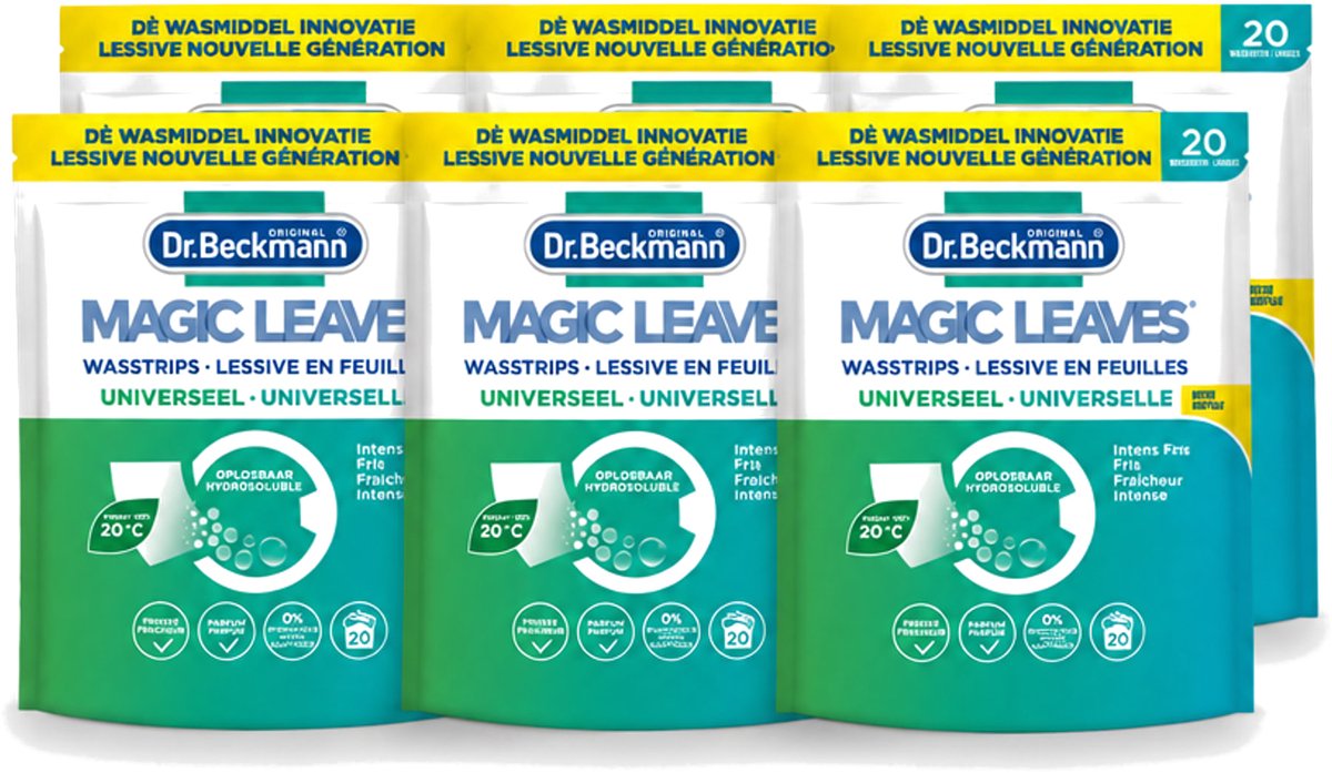 6 x Dr. Beckmann - Magic Leaves Universeel - Wasstrips - Witte en Gekleurde Was - 20 Wasbeurten - Voordeelverpakking - 6 stuks
