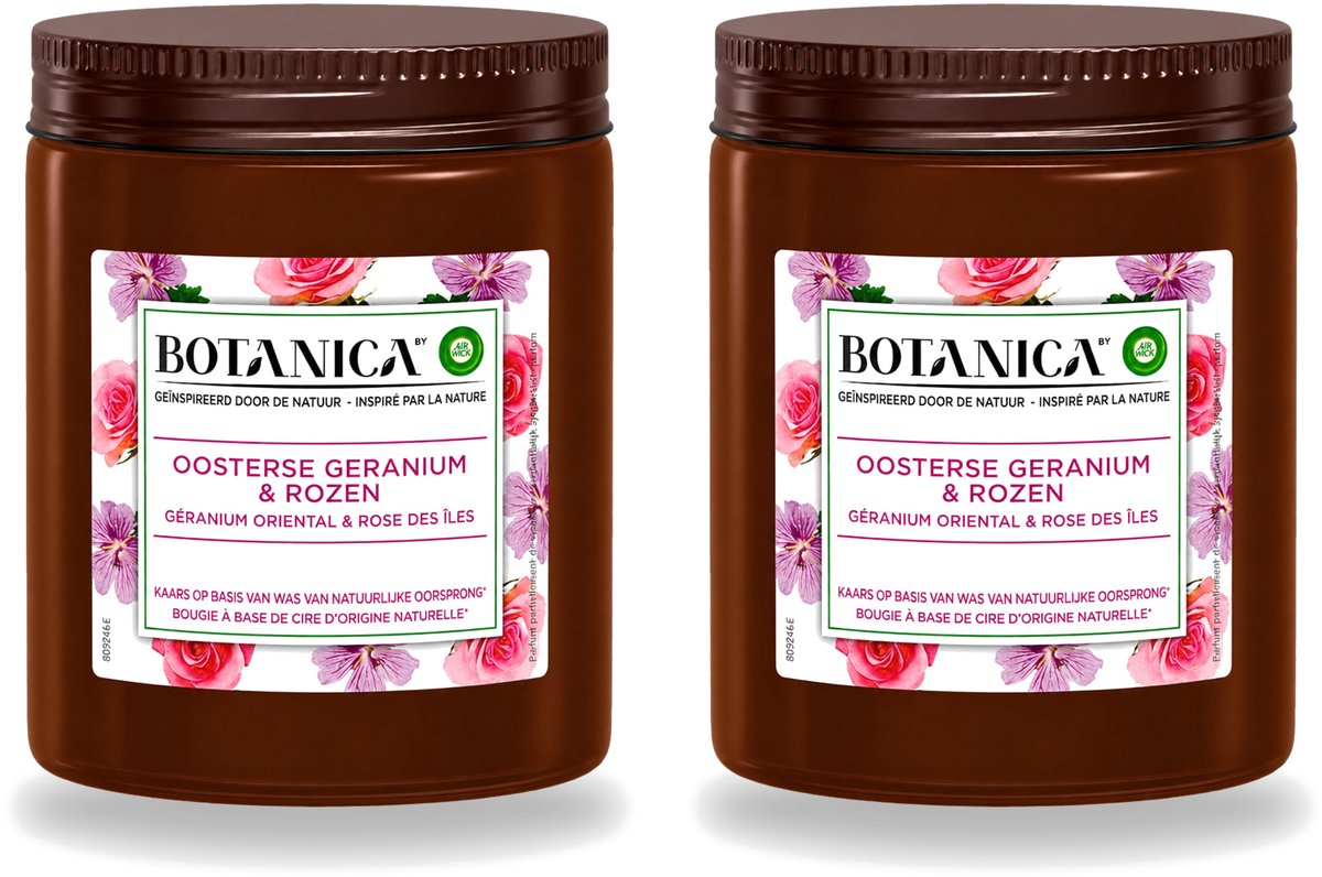 Air Wick 2 x Botanica by Air Wick - Geurkaars - Geranium & Rozen - 40 Uur Brandduur - Voordeelverpakking - 2 stuks Wit