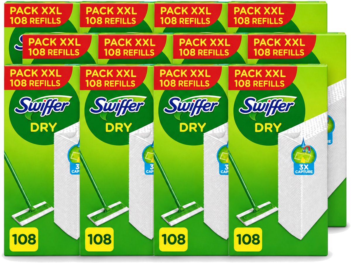 12 x Swiffer – Vloerdoekjes – Dry Navullingen – 108 doekjes - Voordeelverpakking - 12 stuks