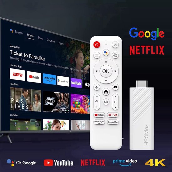 Streaming Box Android TV 4K UHD | Google TV HDMI Stick | Chromecast Ingebouwd | Google Stemassistent Compatibel | Dolby Atmos | Stickformaat | Zwart