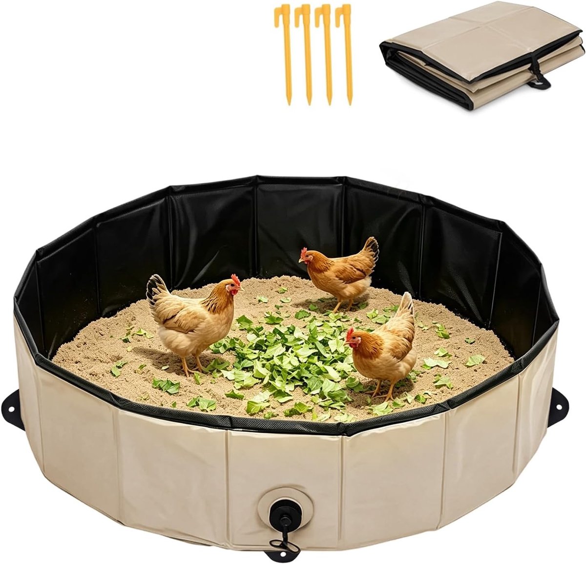 Vouwbaar zandbad voor kippen 80x20cm, stevig PVC met 4 aardankers, draagbare zandbak voor kippenhok accessoires, eenvoudig schoon te maken en ideaal voor kippenverzorging